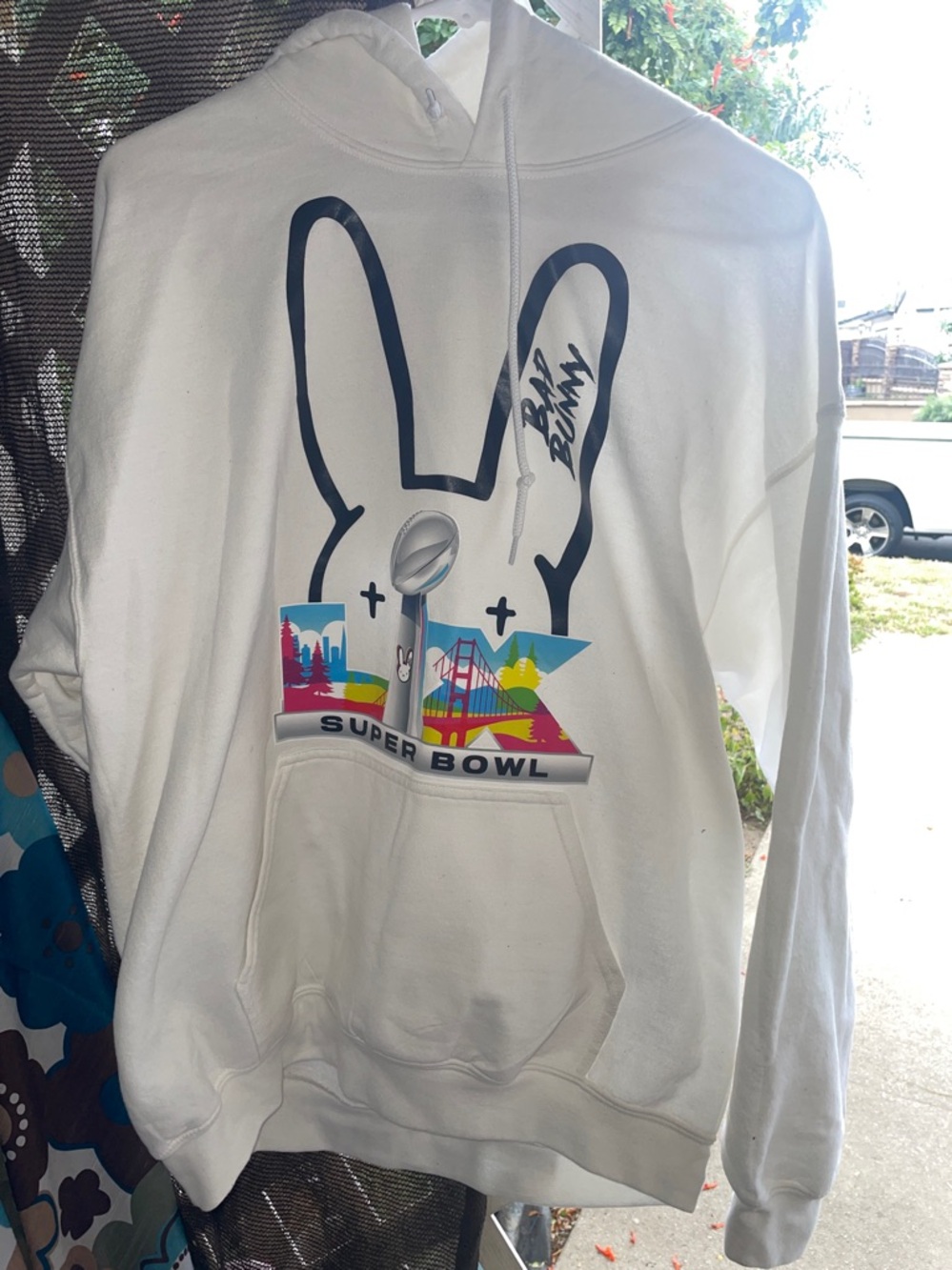 White Super Bowl Bunny Pullover Hoodie with Colorful Scenic Graphic
